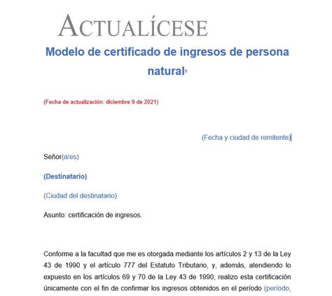Certificacion Modelo Certificado De Ingresos Persona Natural Modelo