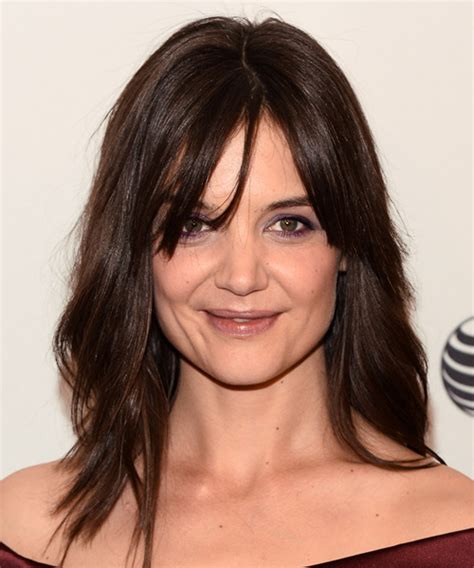 Katie Holmes Long Straight Chocolate Brunette Hairstyle With Layered Bangs