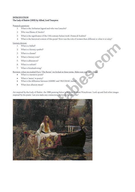 Introduction Worksheet The Lady Of Shalott Esl Worksheet By Lgray