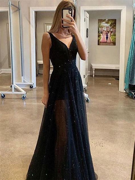 Custom Made A Line V Neck Sparkly Sequins Black Long Prom Dresses