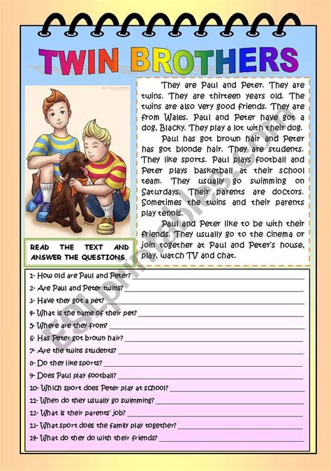 Twin Brothers Reading And Comprehension Esl Worksheet By Sandytita