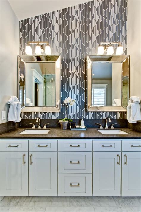 Transitional Bathroom With Bold Black And White Wallpaper