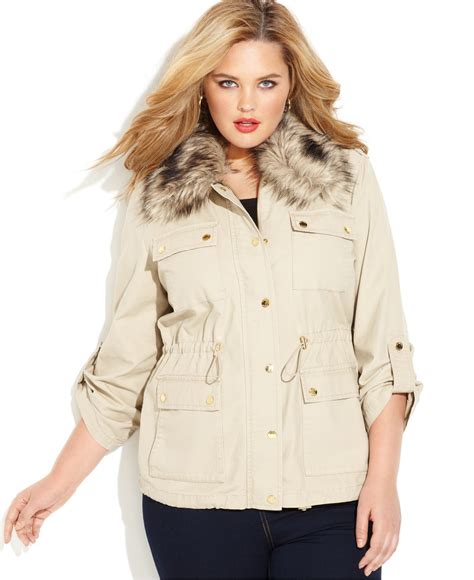 Lyst Michael Kors Michael Plus Size Faux Fur Trim Zip Front Anorak In Natural