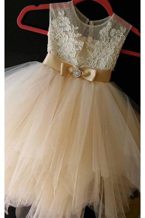 Cheap Champagne Tulle Flower Girl Dress With Lace Cute Flower Girl Dress With Bow Belt F