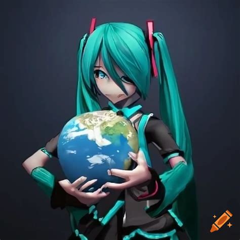 Hatsune Miku Holding A Shrunken Earth In Space