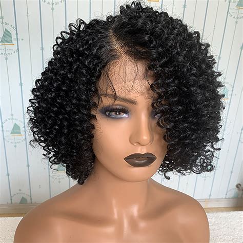 12inch black curly wig side part 134 lace front wig black etsy