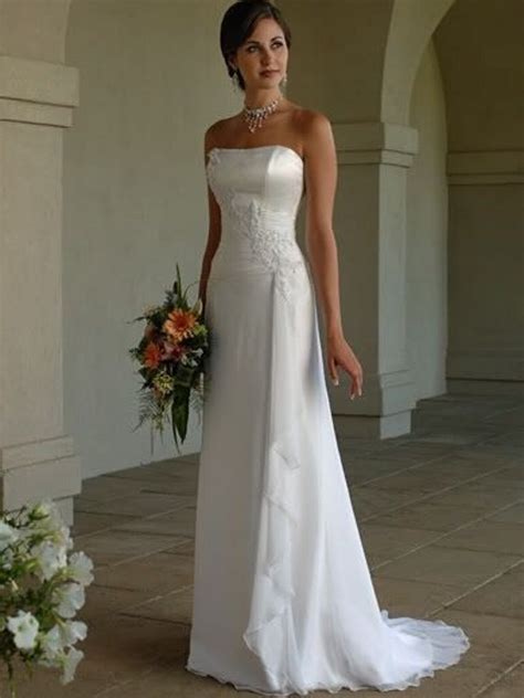 White Simple Cheap Custom Made Strapless Satin Sheath Wedding Dresses