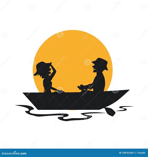 Silhouette Of Couple Having A Romantic Trip On A Rowing Boat Stock