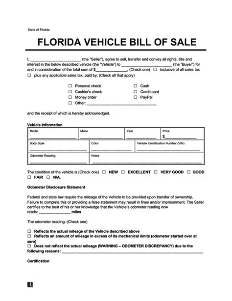 Free Florida Motor Vehicle Bill Of Sale Form Pdf And Word