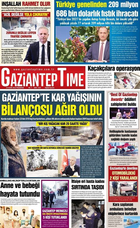 24 Ocak 2022 tarihli Gaziantep Time Gazete Manşetleri
