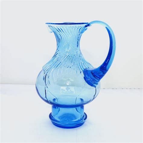 Vintage Blue Pitcher Blue Glass Water Pitcher Tea Pitcher Footed Pitcher Vintage Glass