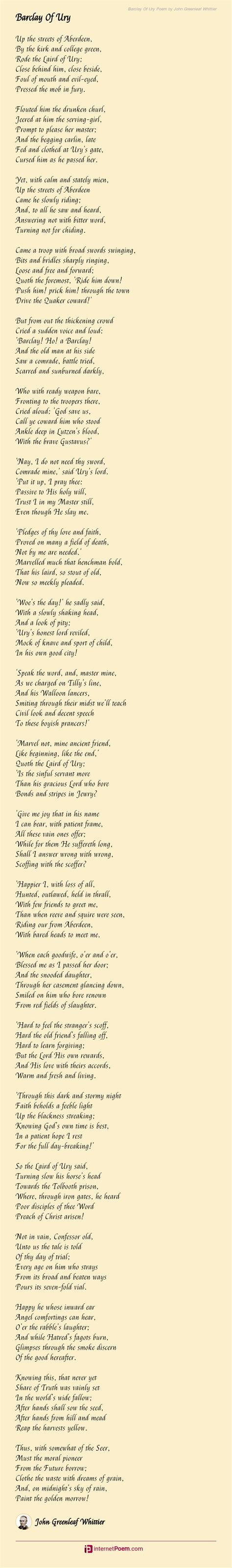 Barclay Of Ury Poem By John Greenleaf Whittier