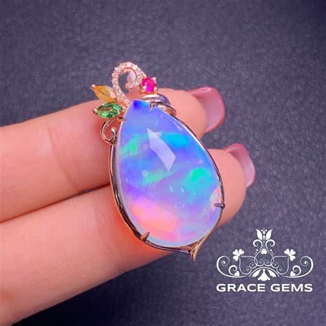 Ct K Rose Gold Huge Gem Genuine Opal Pendant With Diamond Etsy