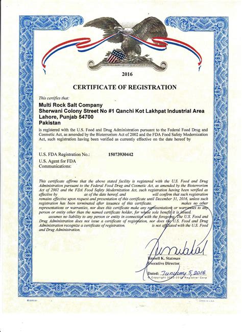 Fda Certificate 2016 Multi Rock Salt Company