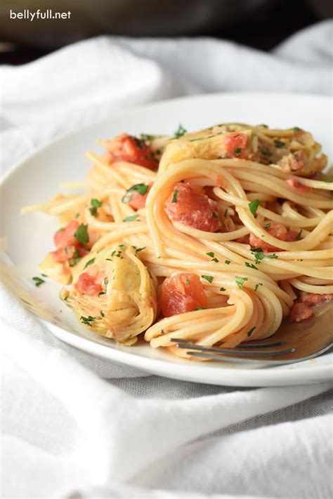 Spaghetti With Tomatoes Artichokes And Cream Belly Full
