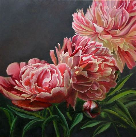 An Oil Painting Of Two Pink Flowers On A Black Background With Green