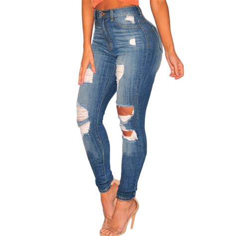 2019 New Ultra Stretchy Blue Ripped Jeans For Women Broken Denim Pants
