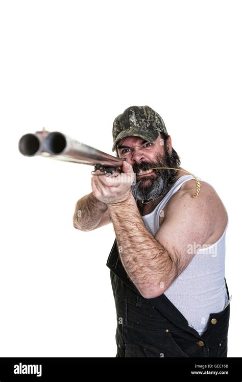 Angry Hillbilly Aiming A Shotgun On A White Background Stock Photo Alamy