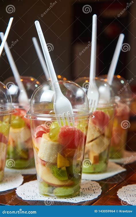 Sliced Fruits In Plastic Cup Healthy Food Catering Fruit Salad Stock