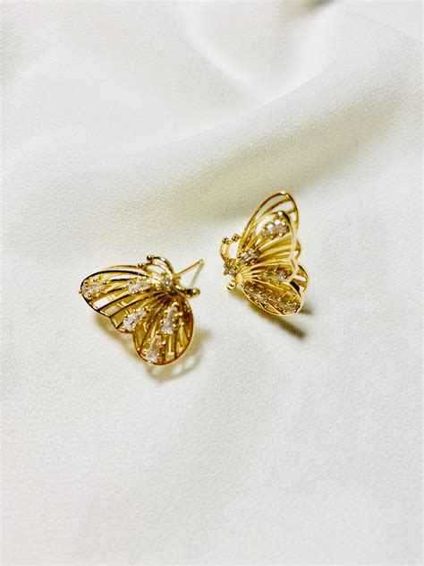 Gold Butterfly Stud Earrings K Gold Plated Stud S Etsy