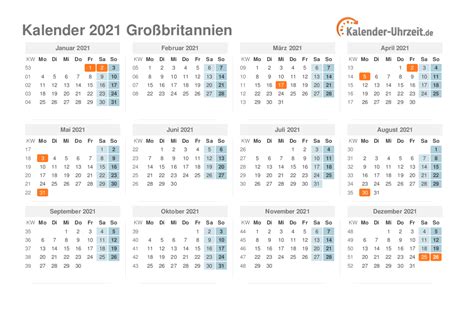 Schulferien von ferienbeginn bis ferienende sind eingezeichnet. Feiertage 2021 Großbritannien - Kalender & Übersicht