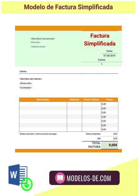 Modelo De Factura Simplificada En Word Y Excel Gratis