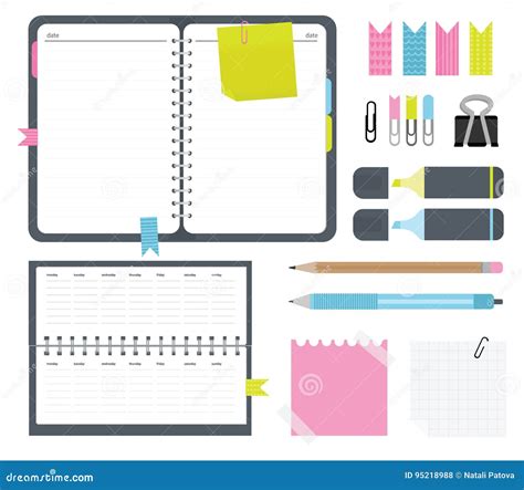 Notebook With Stickers Calendar Paper Clips Markers Pen And Pencil