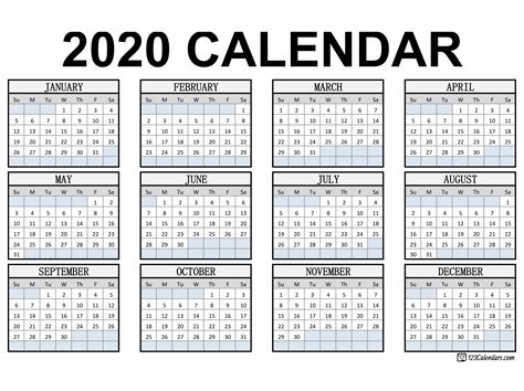 Calendar Year Goals 2020 Month Calendar Printable