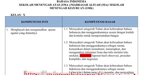 KI KD Bahasa Indonesia Kelas 10 11 12 SMA MA Kurikulum 2013 Revisi 2018