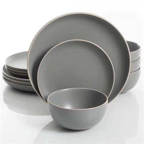 Gibson Home Rockaway 12 Piece Modern Matte Gray Ceramic Dinnerware Set
