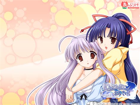 2girls Blue Hair Brown Eyes Gray Hair Hug Logo Long Hair Miageta Sora