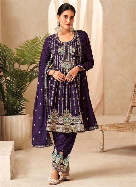 Purple Heavy Designer Embroidered Work Traditional Festive Special