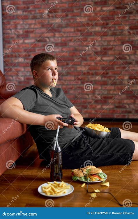 Fat Overweight Teenager Boy Has Bad Nutrition Eat Unhealthy Junk Food