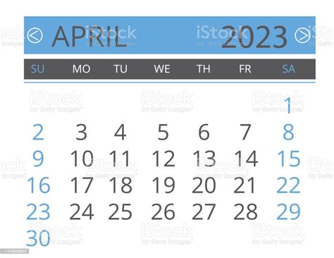 April 2023 Monthly Calendar Template With The Week Beginning On Sunday