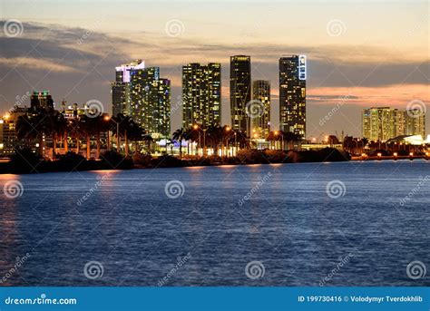 Miami Night City Of Miami Night Panorama Of Downtown Business