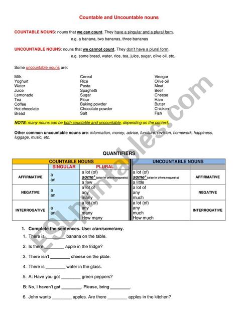 Countable And Uncountable Nouns Quantifiers Esl Worksheet By Zizinha