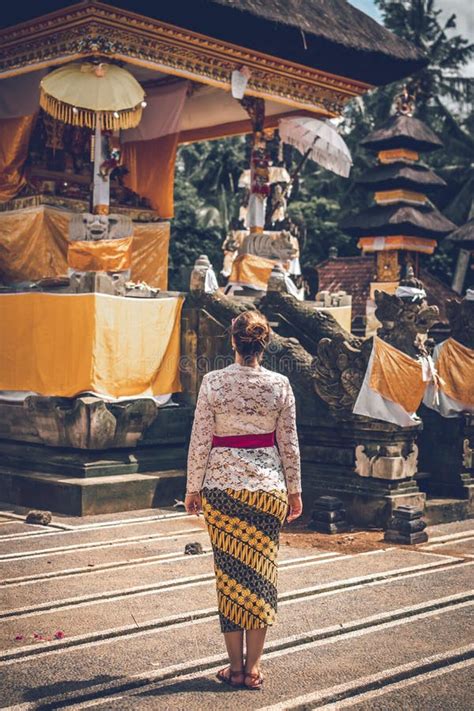 European Woman Rare View In Balinese Temple Bali Island Editorial