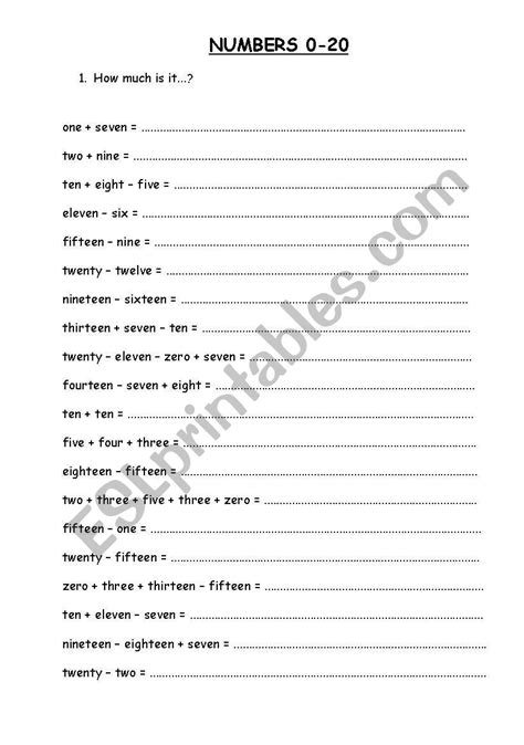 English Worksheets Numbers 0 20