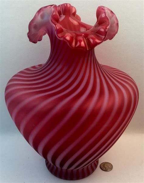 Lot Vintage Fenton Glass Cranberry Opalescent Satin Spiral Optic Large Vase 11 25 Tall