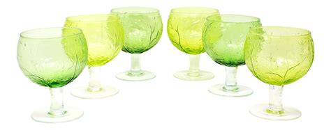 vintage secla green glass cabbage stemware glasses set of 6 on glassware green