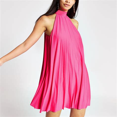 River Island Synthetic Pink Pleated Halter Neck Dress Lyst