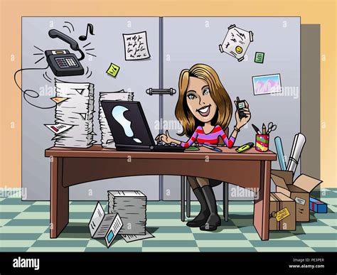 Cartoon Style Illustration A Busy Smiling Young Employee In Her Office