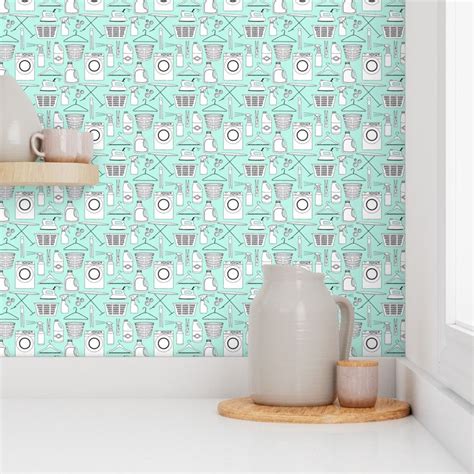 Laundry Day On Retro Teal Wallpaper Spoonflower