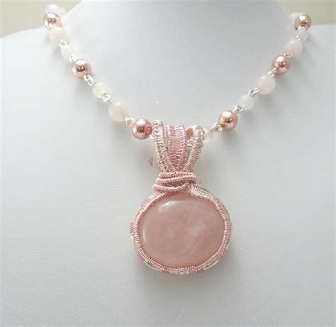 Rose Quartz Beaded Pendant Pink Quartz Pendant Quartz Pendant Necklace