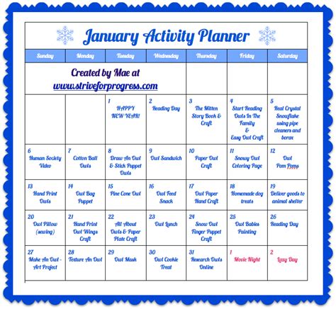 Kids Craft & Activity Planner for January from Strive For Progress | January activities, January ...