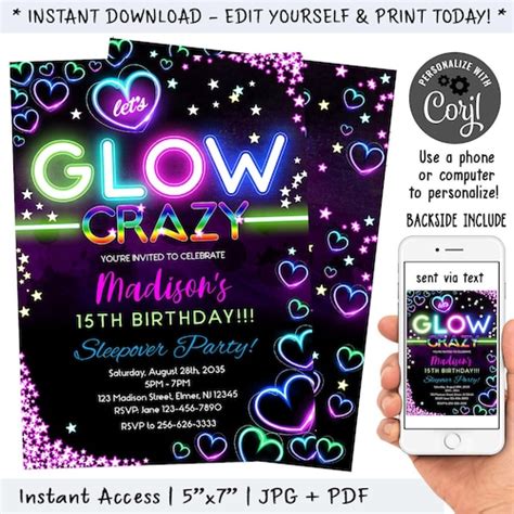 Editable Dance Party Birthday Invitation Glow Rainbow Disco Etsy