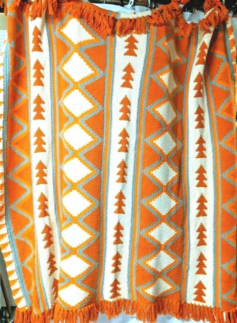 Amazing Vtg Geometric Aztec Indian Crochet Mcm Groovy Knit Afghan Throw