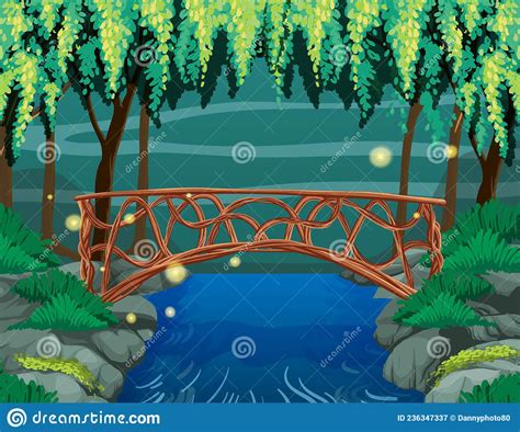 Enchanted Garden Scene With Stone Bridge Stock Vector Illustration Of