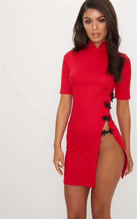 Red Oriental Short Sleeve Split Leg Mini Dress Prettylittlething Qa