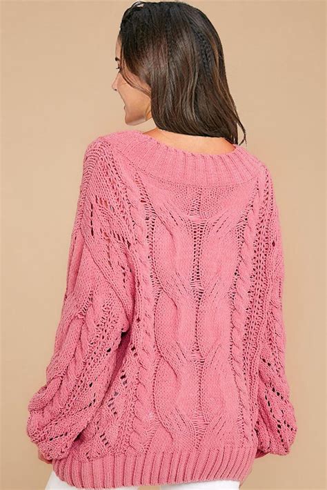 Pink Solid Chunky Pullover O Neck Full Sleeve Regular Oversized Women
